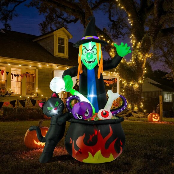 8FT Witch Stirring Cauldron Halloween Inflatable Decoration with LED Light - Picture 1 of 5